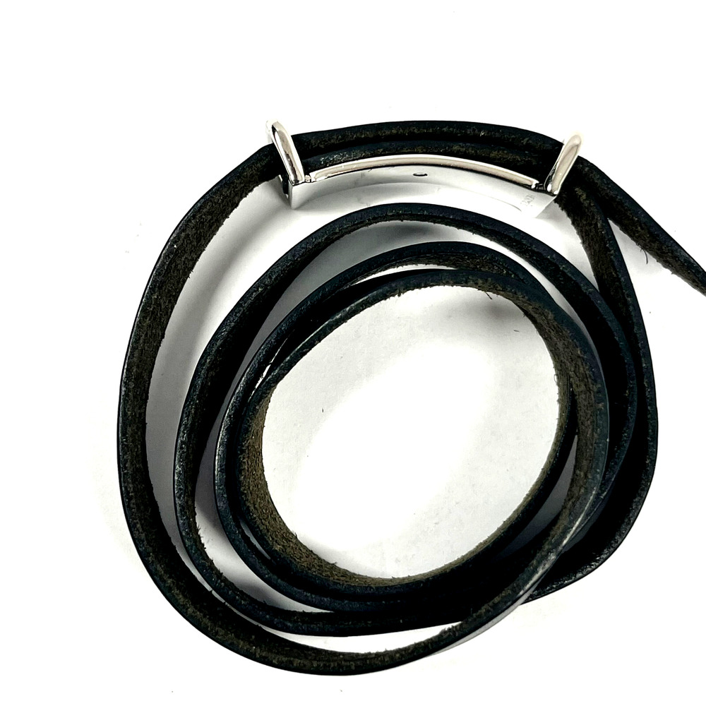 Hermes Black Leather Api Wrap Bracelet Long Choker Silver-Tone Hardware